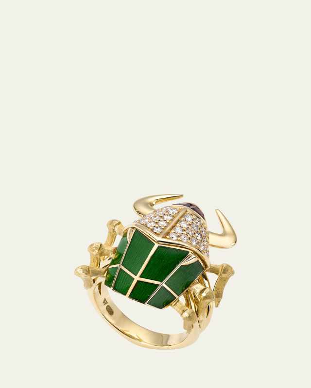 18K Yellow Gold Toro Beetle Diamond and Red Garnet Ring with Green Enamel